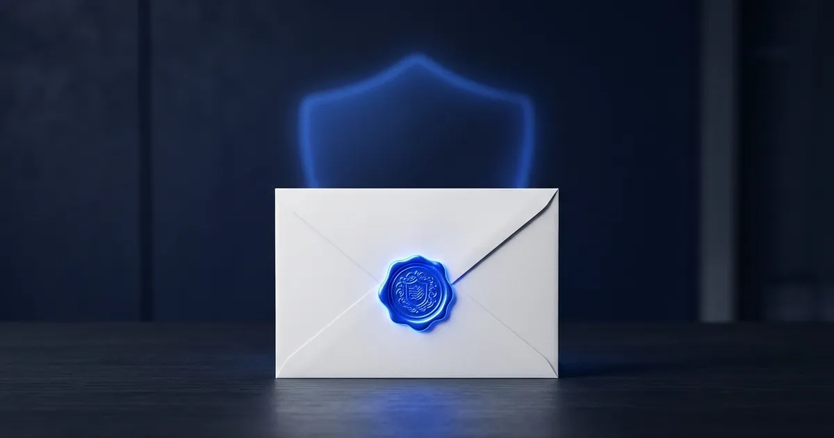 White envelope sealed with a glowing blue wax seal in front of a blue shield of light